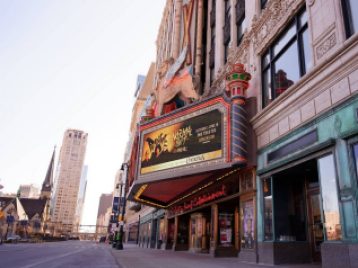 The Fox Theater's facade and sign, shot in nice weather